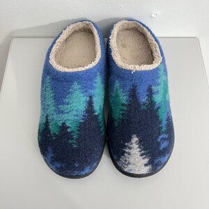 L.L. Bean Daybreak Scuff Women Sz 6 M Blue Wool Aurora Trees Motif Slipper Clogs